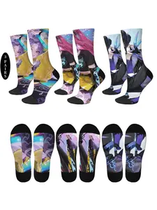 3 pairs of unisex Harajuku anime theme cartoon K-pop demon hunter pattern crew socks trendy novel soft and comfortable warm breathable compression mid-tube socks daily casual wear versatile suitable for couples friends party gifts