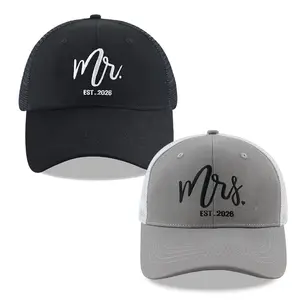 2PCS Mr Mrs 2026 Trucker Hats For Men Women, Adjustable Cotton Embroidered Mesh Snapback Wifey Hubby Baseball Cap
