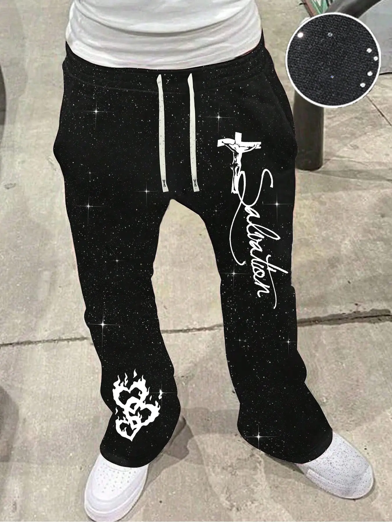 Men's Casual Sport Pants, Casual Sporty Pants, Athleisure Style Bottoms, Athleisure Design, Religious Style with Starry Sky Pattern, Drawstring Waist, Silver Color Fabric, All Seasons Wear, Knitted Sports Pants, Knit Athletic Pants, Sports Casual Pants