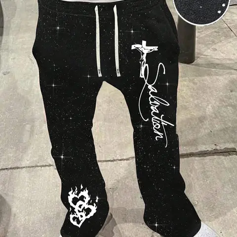 Men's Casual Sport Pants, Casual Sporty Pants, Athleisure Style Bottoms, Athleisure Design, Religious Style with Starry Sky Pattern, Drawstring Waist, Silver Color Fabric, All Seasons Wear, Knitted Sports Pants, Knit Athletic Pants, Sports Casual Pants