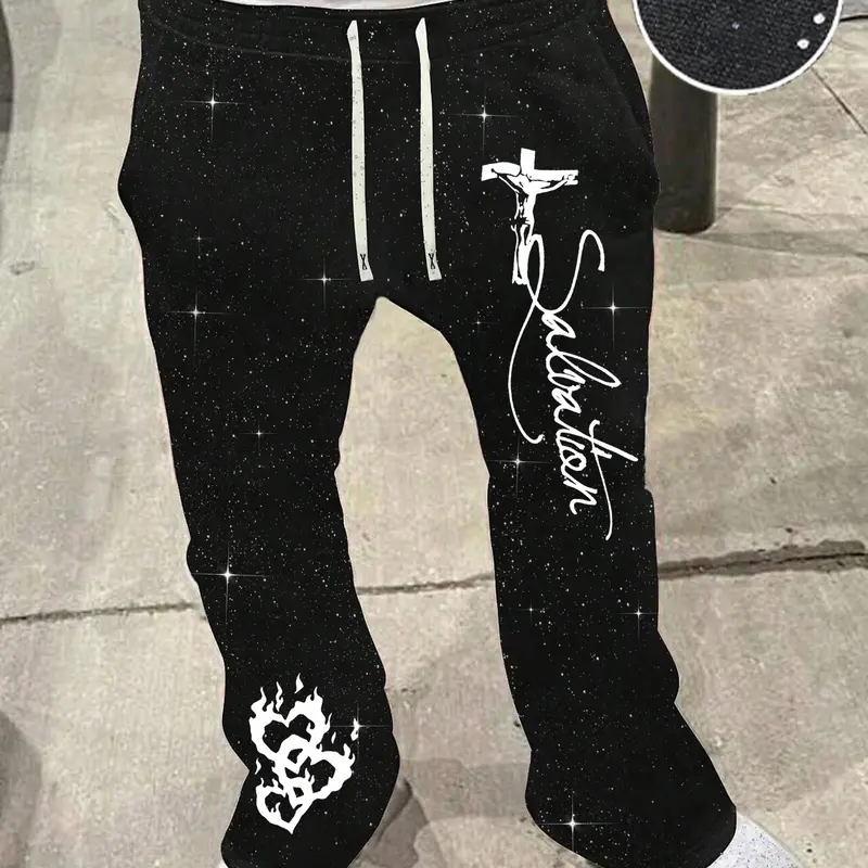 Men's Casual Sport Pants, Casual Sporty Pants, Athleisure Style Bottoms, Athleisure Design, Religious Style with Starry Sky Pattern, Drawstring Waist, Silver Color Fabric, All Seasons Wear, Knitted Sports Pants, Knit Athletic Pants, Sports Casual Pants