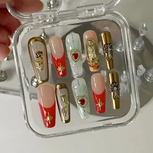 Luxury Sacred Heart Cross Press On Nails – Red Gold Gothic Coffin Set