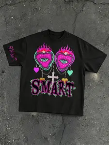 American High Street Dark Heart Flame Eye Short Sleeve Men's Gothic Cross Print Loose Fit Oversize Trendy T-Shirt