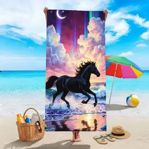 Vibrant Beach Towel Featuring a Majestic Black Horse Against a Stunning Sky of Colorful Clouds And a Crescent Moon, Perfect for Relaxing by The Ocean. Ideal for Beach Outings, Picnics, Or Adding a Touch of Beauty to Your Outdoor Adventures. Embrace