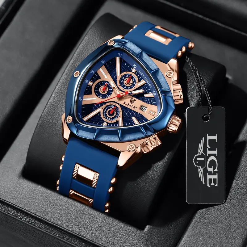 LIGE Men's Fashion 48mm Luminous Analog Quartz Watch - Mineral Glass, Triangle Dial, Skeleton Design, Silicone Strap, Heart Feature, <30M Water Resistance, 12 Months Durability, Ideal as Gifts for Fashion Watch Enthusiasts