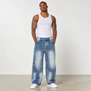 Men's Washed Blue Straight Leg Jeans Denim Pants, Relaxed Fit, Distressed Cat Whisker Design, Vintage Cowboy Streetwear #L020