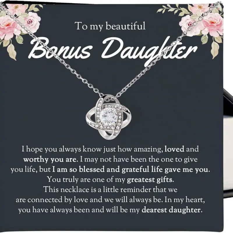 To My Bonus Daughter Necklace, Bonus Daughter Gifts From Stepdad, Love Knot Necklace For Bonus Daughter From Stepmom, Daughter Gifts From Step Mother, Birthday, Christmas Gifts For Bonus Daughter