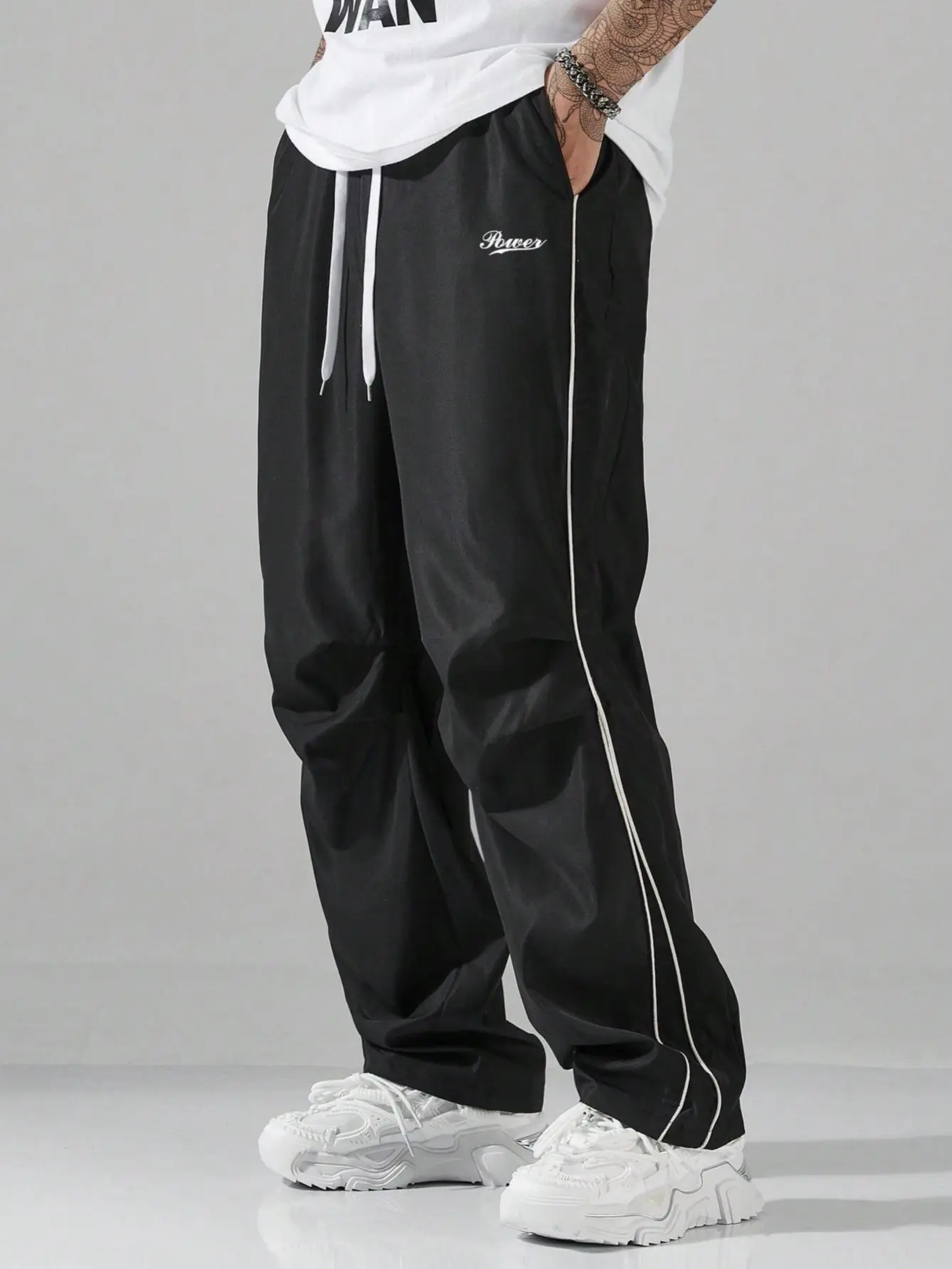 Y2K Track Pants | Black Streetwear Joggers with "Power" Slogan