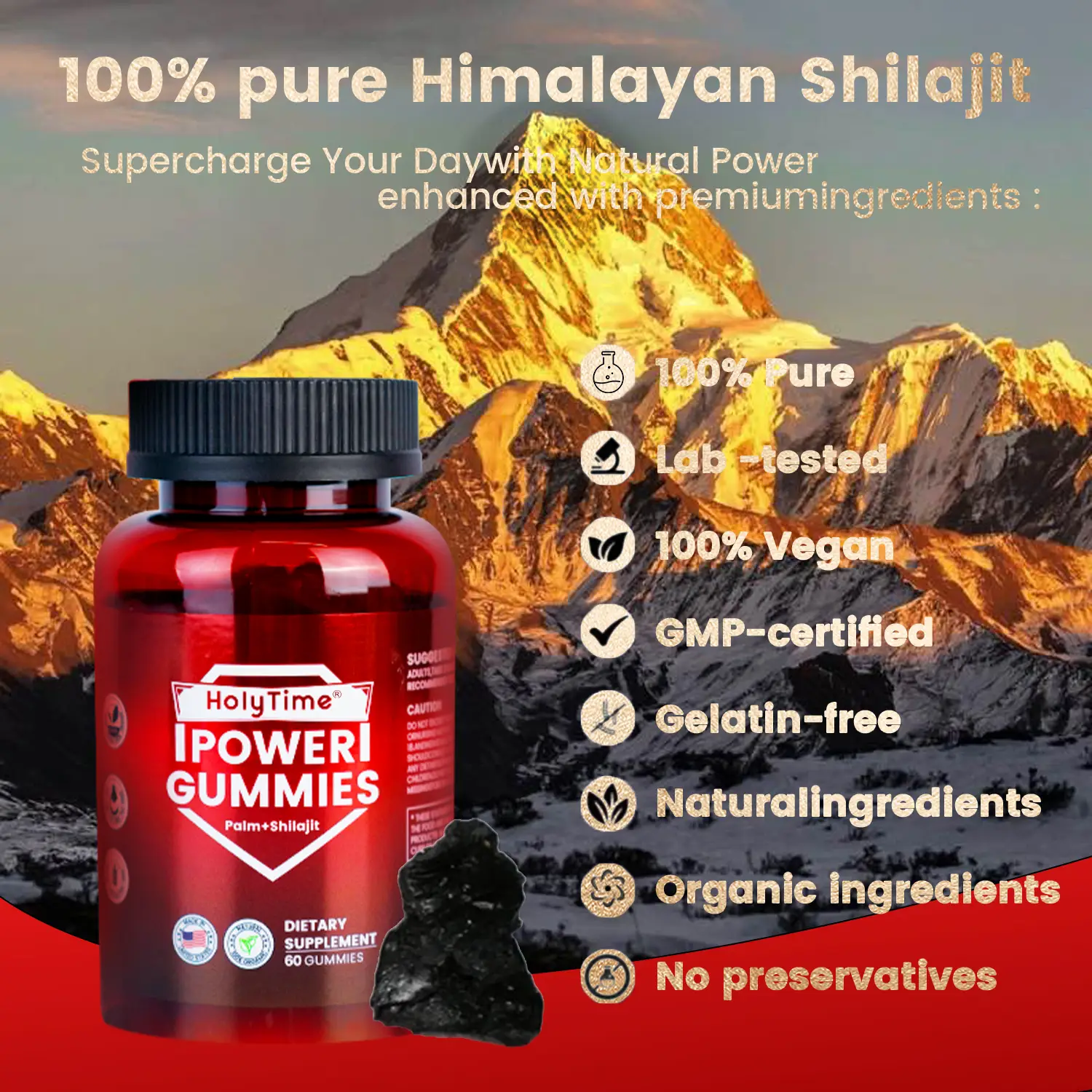 HolyTime Male Vitality Gummies | Natural Vitality Support | 83+ Minerals | Pure Himalayan Shilajit + Oyster Peptides + Inositol + Taurine | Made in US
