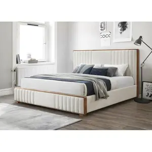 Bellemave  Kaleea Beige Chenille & Walnut Finish EK Bed .Elegant round fabric cushioned bed, brown wooden legs, luxurious and comfortable bedroom central decoration white