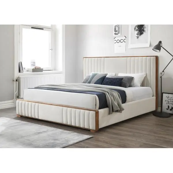 Bellemave  Kaleea Beige Chenille & Walnut Finish EK Bed .Elegant round fabric cushioned bed, brown wooden legs, luxurious and comfortable bedroom central decoration white