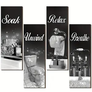 4-Piece Farmhouse Bathroom Wall Art Set, Wooden Hanging Signs for Relaxation and Soaking, Easy Install Decor for Home Bathroom/washroom