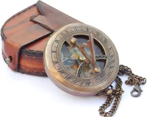 Vintage Brass Sundial Compass with Leather Case
