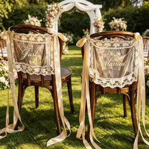 Just Married Chair Signs (Set of 2) - Romantic Fabric-Lace Decorations with Ribbon, Bride & Groom Banners for Reception Sweetheart Table Backs, Summervibes Festive Party Supplies