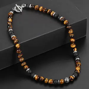 Men's 8mm Tiger Eye & Lava Bead Necklace with Stainless Steel Toggle - 18/20/24 Inch