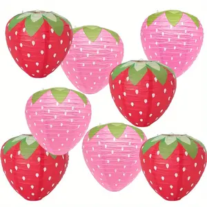 8pcs 8" Strawberry Paper Lanterns - Red & Pink, Fruit-Themed Party Decorations, No Battery Needed Ornaments
