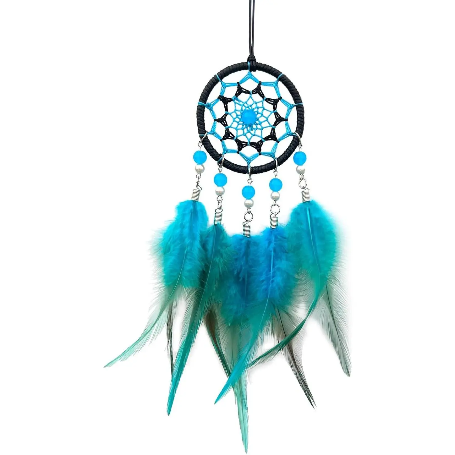 Turquoise Blue Feather Light Mini Dream Catcher Hanging Decoration - Car Mirror Hanger Ornament, Automotive Interior Accessory, Bedroom Wall Decor Gift for Teens, Sleep Aid