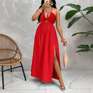 Deep V-neck Drawstring Halter Dress