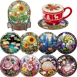 8-Piece Diamond Art Cup Mat Set with Stand, DIY Flower Pattern Diamond Painting Coasters, Suitable for Adults and Beginners, Perfect Gift