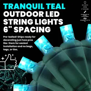 Tranquil Teal Waterproof Christmas Lights, 5mm LED Commercial Indoor/Outdoor Mini Lights Set with 50 LEDs Spaced at Six Inches Apart