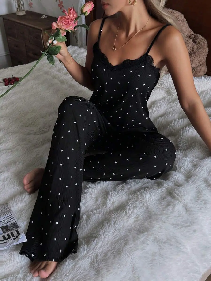 Women's Knitted Heart Print Camisole And Shorts Pajama Set, Sexy And Suitable For Outerwear, All Seasons