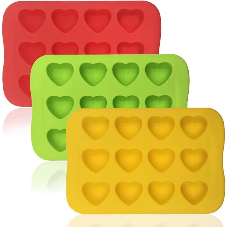 Silicone Heart Shaped Molds, 3 Packs 12 Cavities Heart Shaped Silicone Mold for Chocolate Cake Jelly Pudding Handmade Soap Mould Candy Making (Red, Yellow, Green)