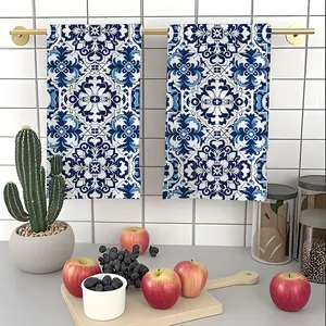 2 Pack Vintage Blue, Floral and Ceramic Pattern Dishcloths, Absorbent and Reusable Kitchen Cleaning Cloths for Daily Use, Fast Drying and Durable, Absorbent Washcloths