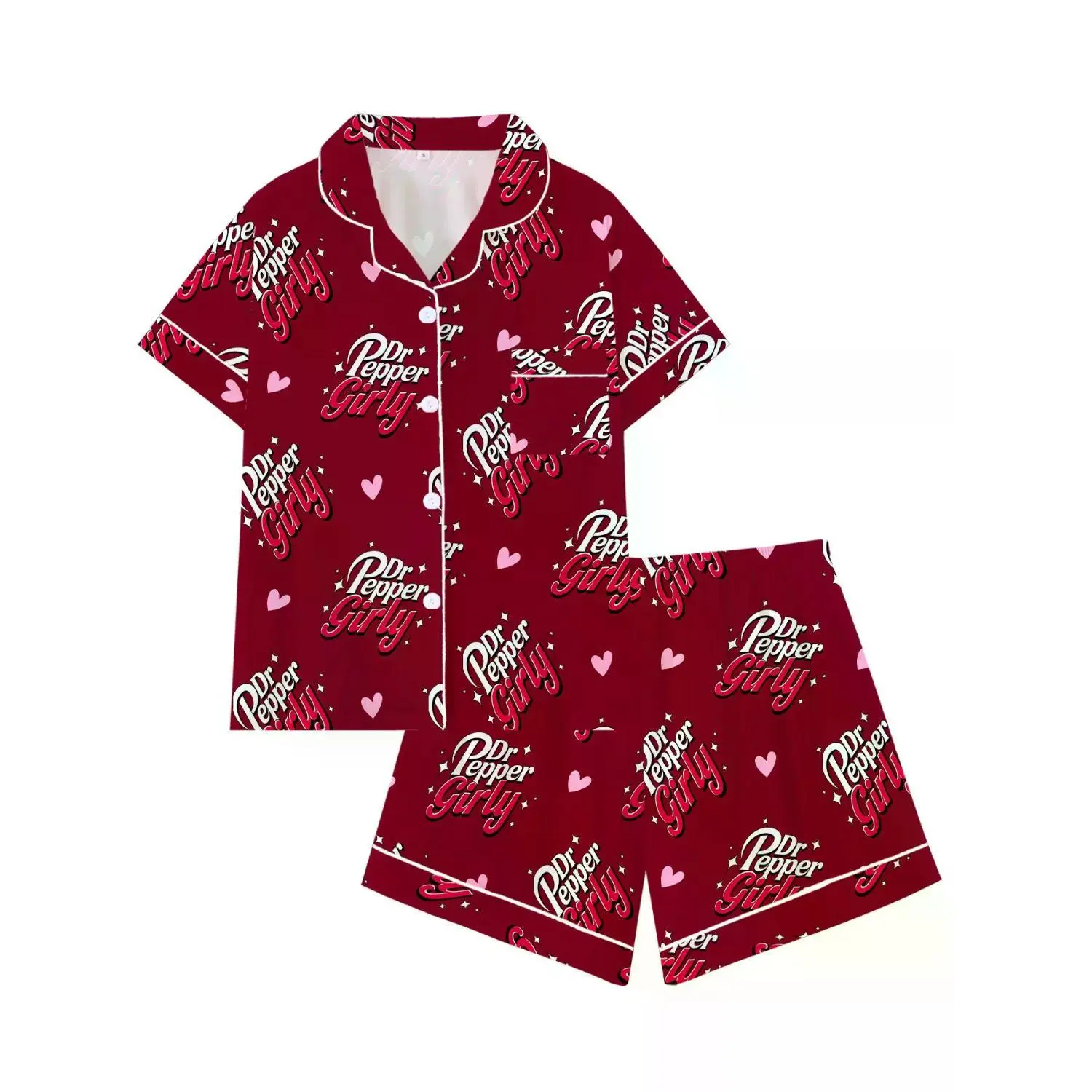 Soda Girly Aesthetic Pajama Set | Cute Cherry Red Sleepwear with Heart Print | Y2K Novelty Short Sleeve Button-Down Lounge Outfit | Trendy 2-Piece Summer PJs | Fun Sleepover Nightwear Gift for Women | Stylish Loungewear Pyjamas
