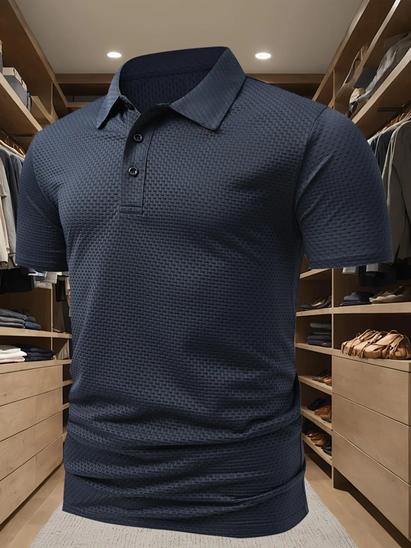 Men's Plain Textured Short Sleeve Polo Shirt, Fitted Casual Formal Fabric Button Front Collared Top for Summer, Fashion Men's Clothes for Daily Wear,