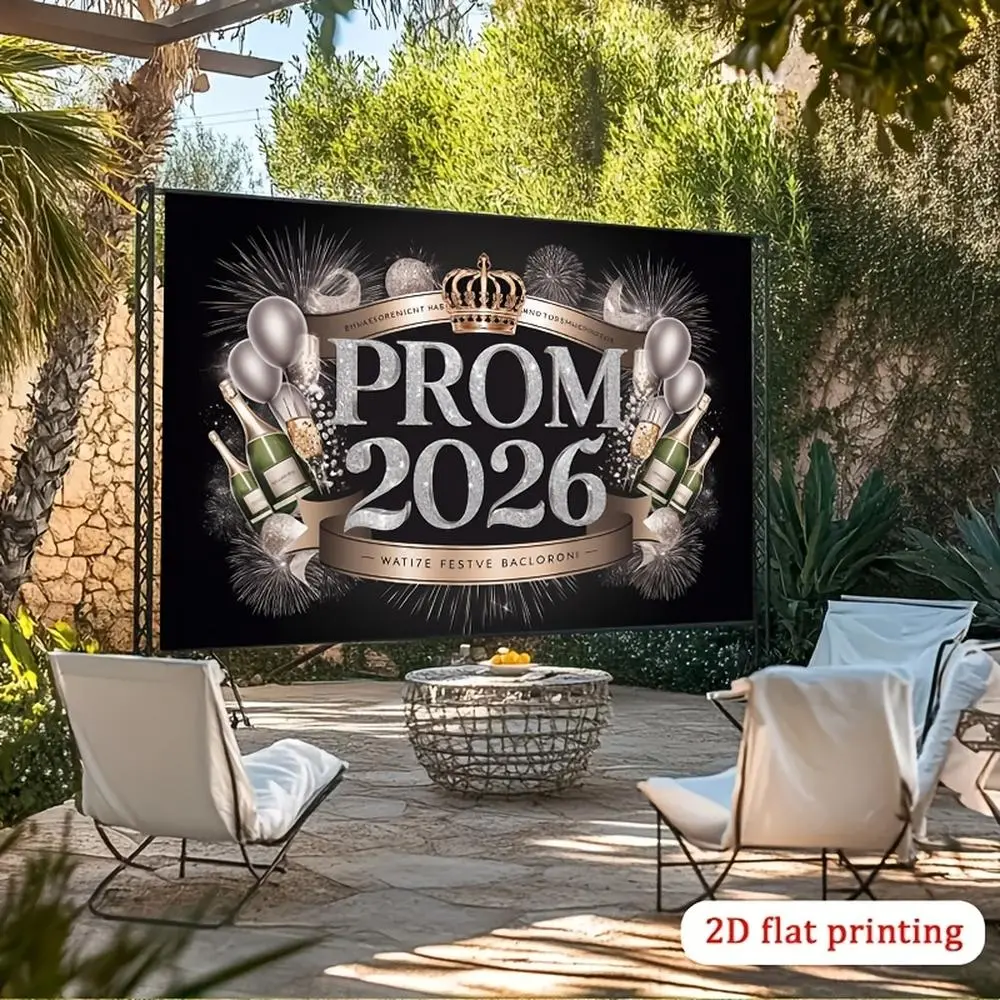 2D Flat Party Backdrop • 2D Flat Banner • 1pc Prom 2026 Silver Glitter Crown Champagne Fireworks Polyester Backdrop • for Party Decor Farm, Garden, Home, Room, Club • No Electricity • Wonderful Gift for Val