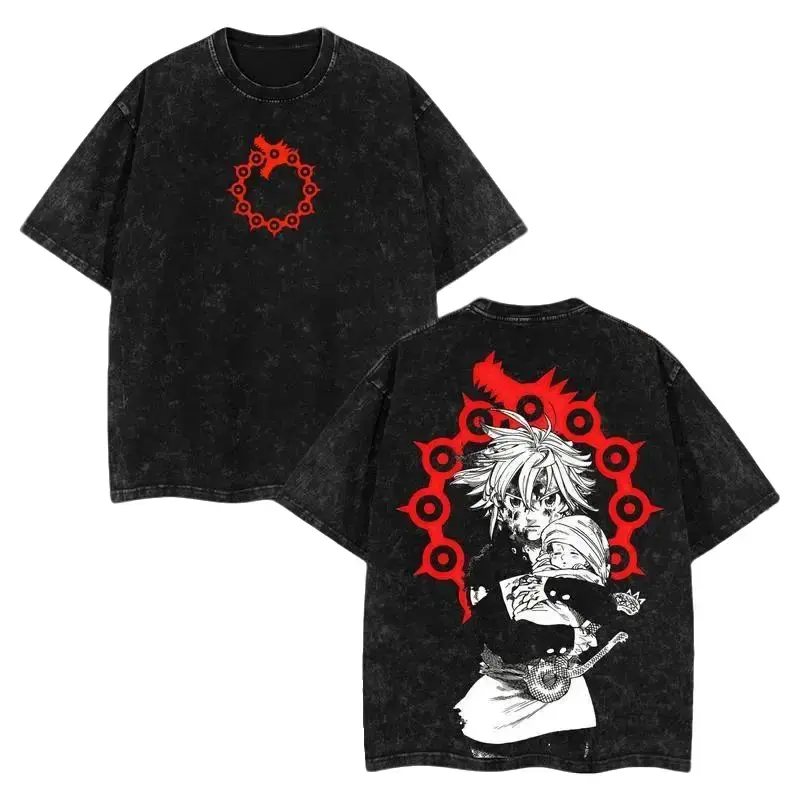 Meliodas Seven Deadly Sins Vintage Washed Oversized T Shirt Retro Anime Graphic Tee Unisex Casual Streetwear Loose Fit Soft Cotton Short Sleeve Top Trendy 90s Manga Fashion Sin of Wrath Design Daily Outdoor Casual Wear Gift for Adult Anime Enthusiasts