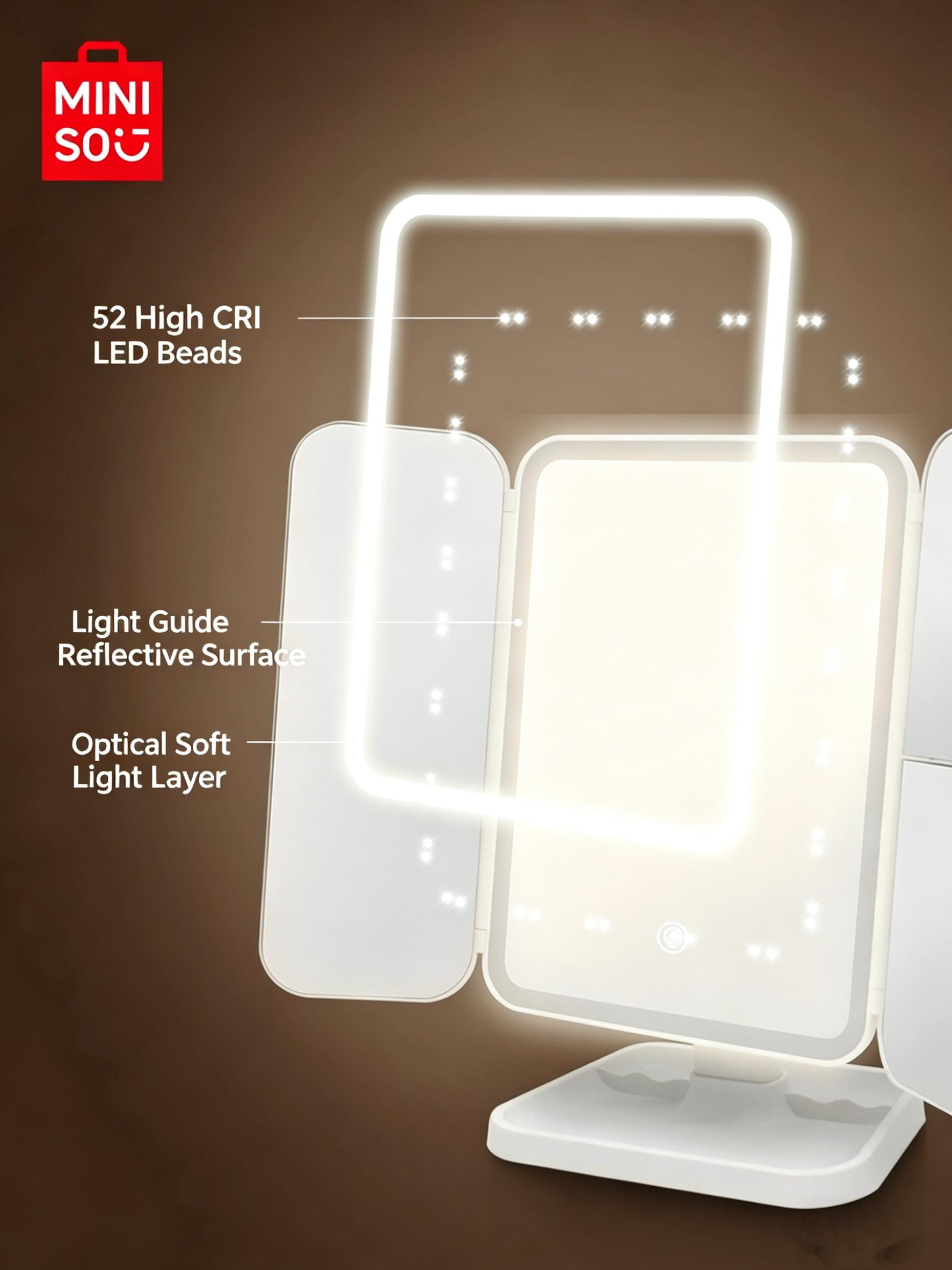 MINISO Tri-Fold LED Lighted Makeup Mirror, Foldable Desktop Vanity Mirror for Dorm Use, Daily Make-up ,For Students & Girls