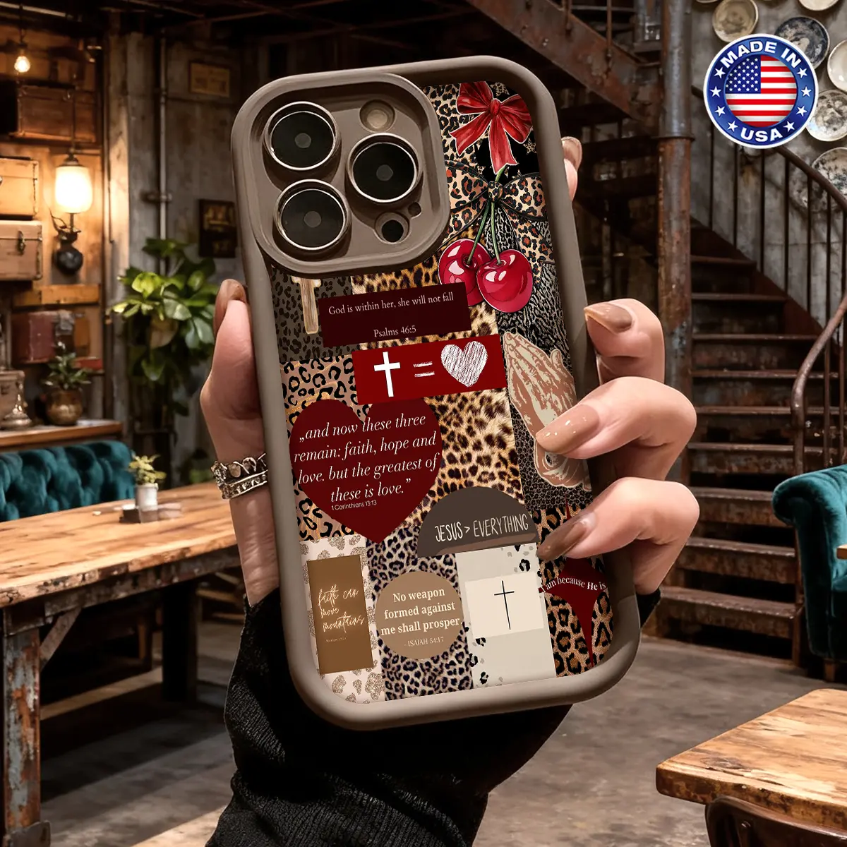 Aesthetic Christian Leopard Cherry Collage Pattern Smartphone Case, Slim Lightweight Shockproof Durable TPU Cover for iPhone 17 16 15 14 Pro Max 13 12 11 XR XS Plus Air (Handheld Cellphone Accessories)