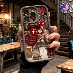 Trendy Christian Leopard Cherry Collage Pattern Case for iPhone 17 16 15 14 Pro Max 13 12 11 XR XS Plus Air Slim Lightweight Shockproof Protective Durable TPU Cover