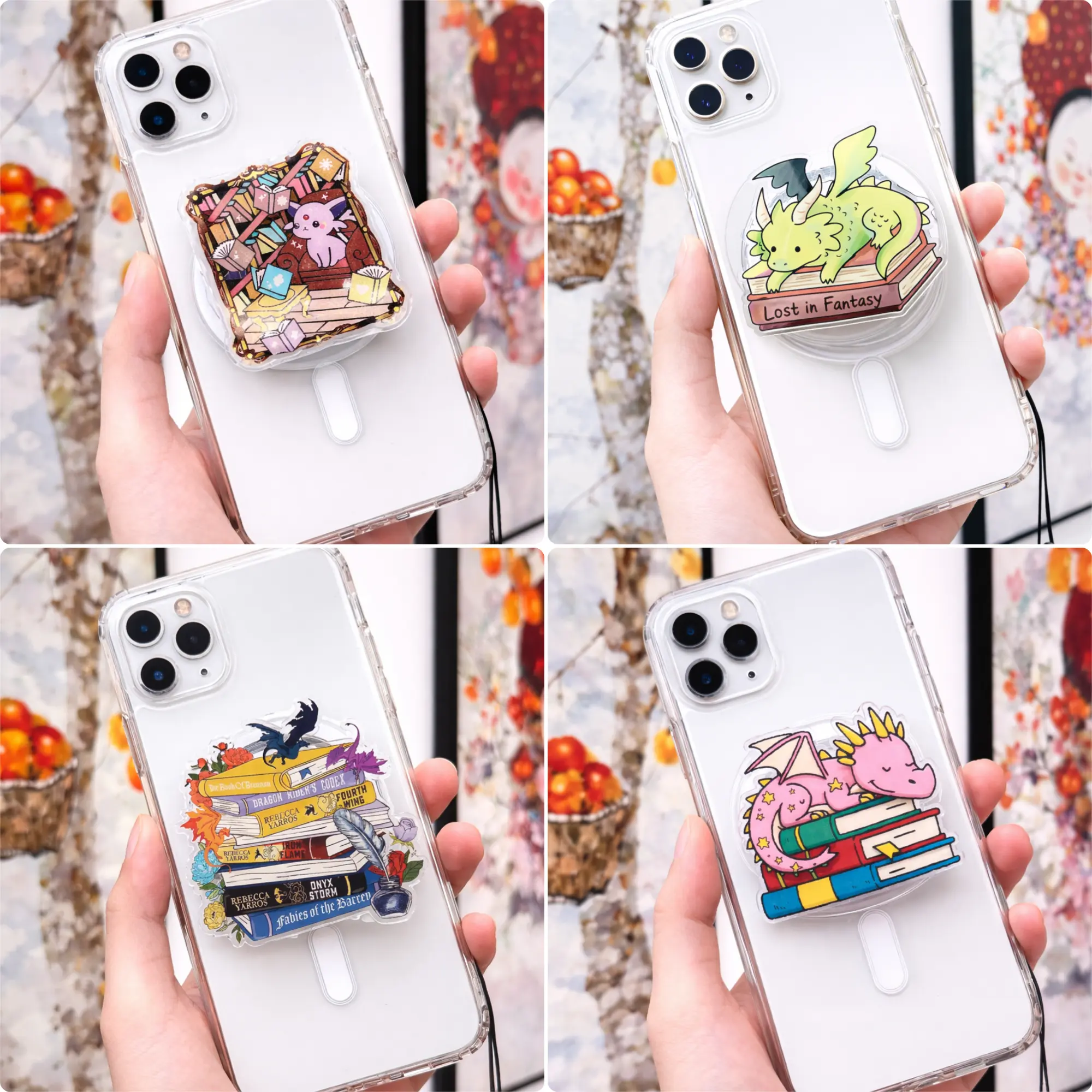 Playful Dragon & Books Magsafe Phone Grip - Magnetic Pop Socket & Kickstand - Cute Fantasy Phone Accessory Gift