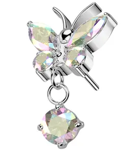 Butterfly Rainbow Aurora CZ Dangle Titanium Threadless Top