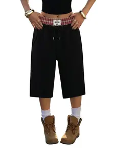 Women’s double-waist plaid-lined sweat shorts, casual loose drawstring streetwear shorts