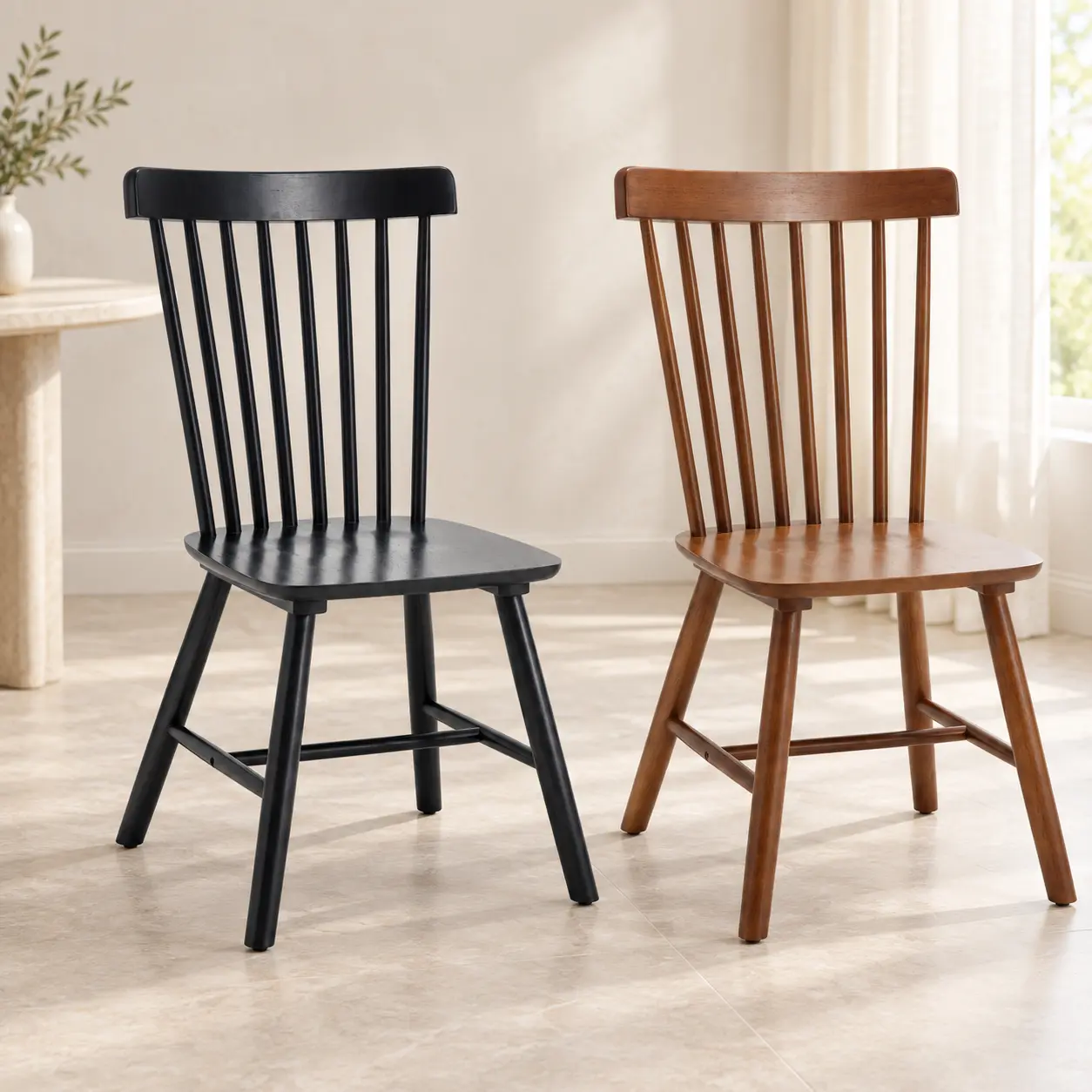 Windsor Dining Chairs Set of 2, Spindle Back Rubberwood Kitchen Chairs with Curved Backrests and Wood Seats for Kitchen and Dining Room, Restaurant, Cafe, Hotel, Black