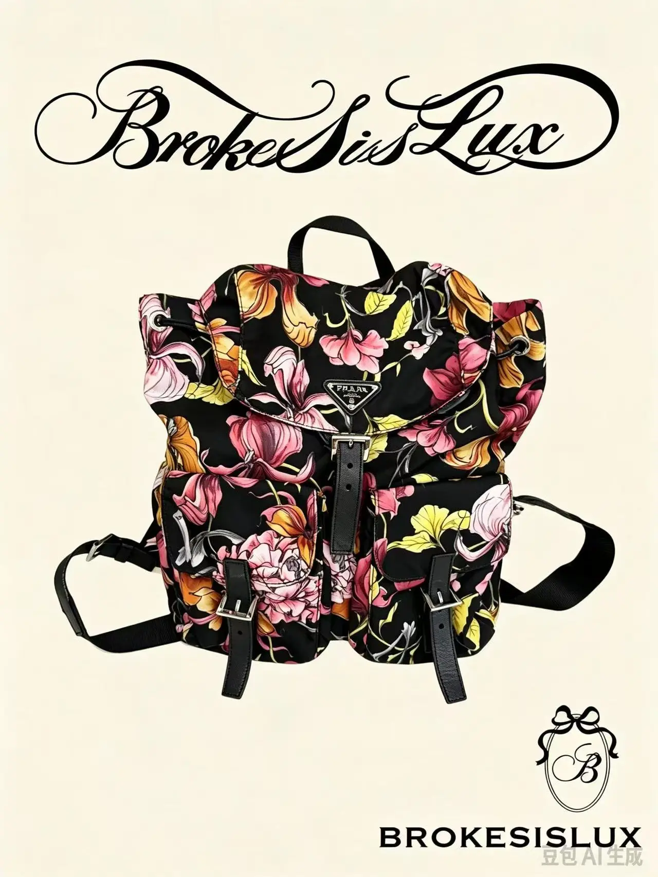 Pre-owned PRADA Floral Print Nylon Backpack in Black with Silver Triangle Logo