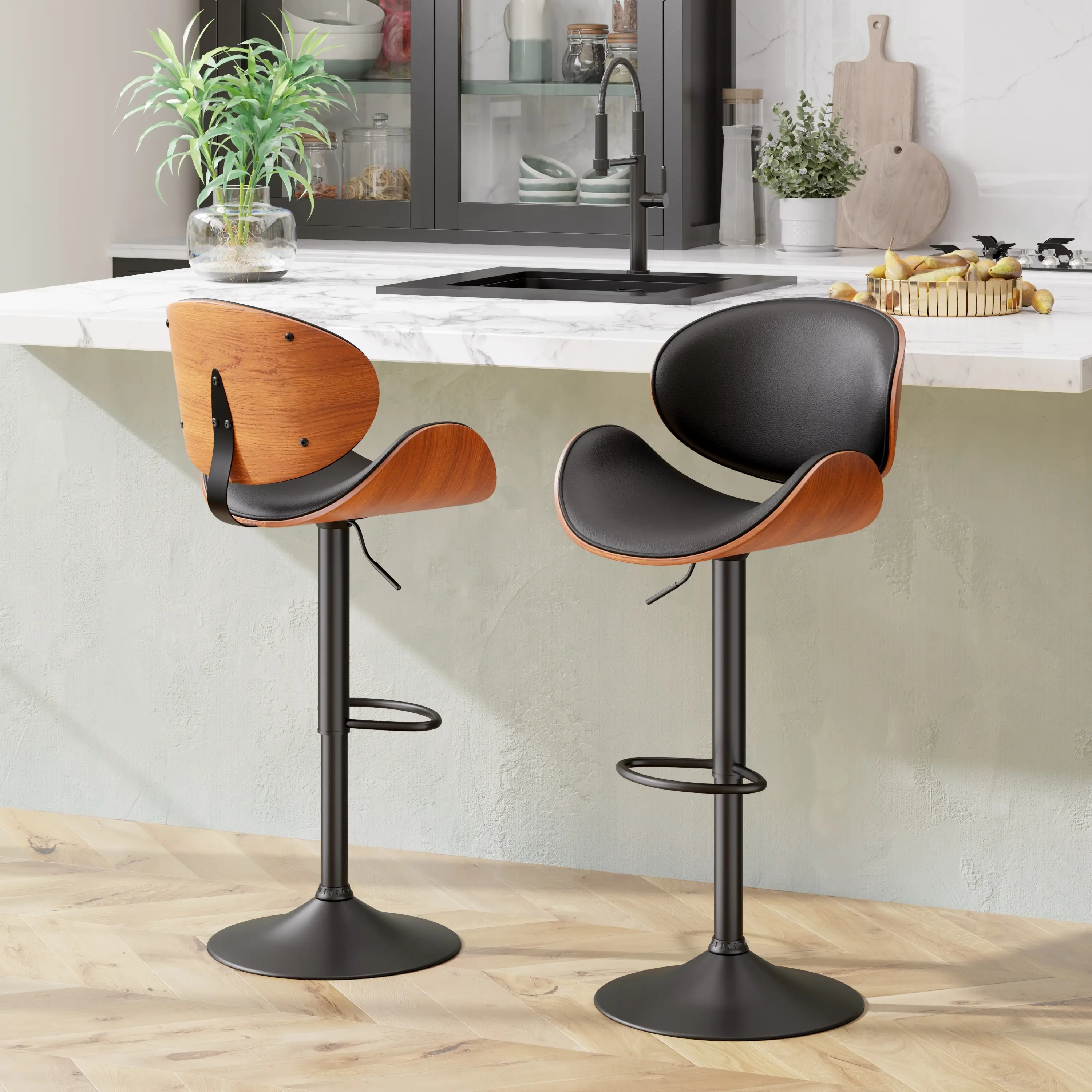 【SALE】Swivel Bar Stools Set of 2, Seat Adjustable Height 23.5-32.5IN Bentwood Barstools with Back & Footrest, PU Leather Upholstered Counter Height Ba