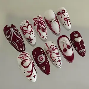30pcs Burgundy Bow Heart Nail Tips, Long Coffin 3D Cherry Rhinestone Design, Cute Wearable False Nails for Daily Use and Parties, DIY Nail Art