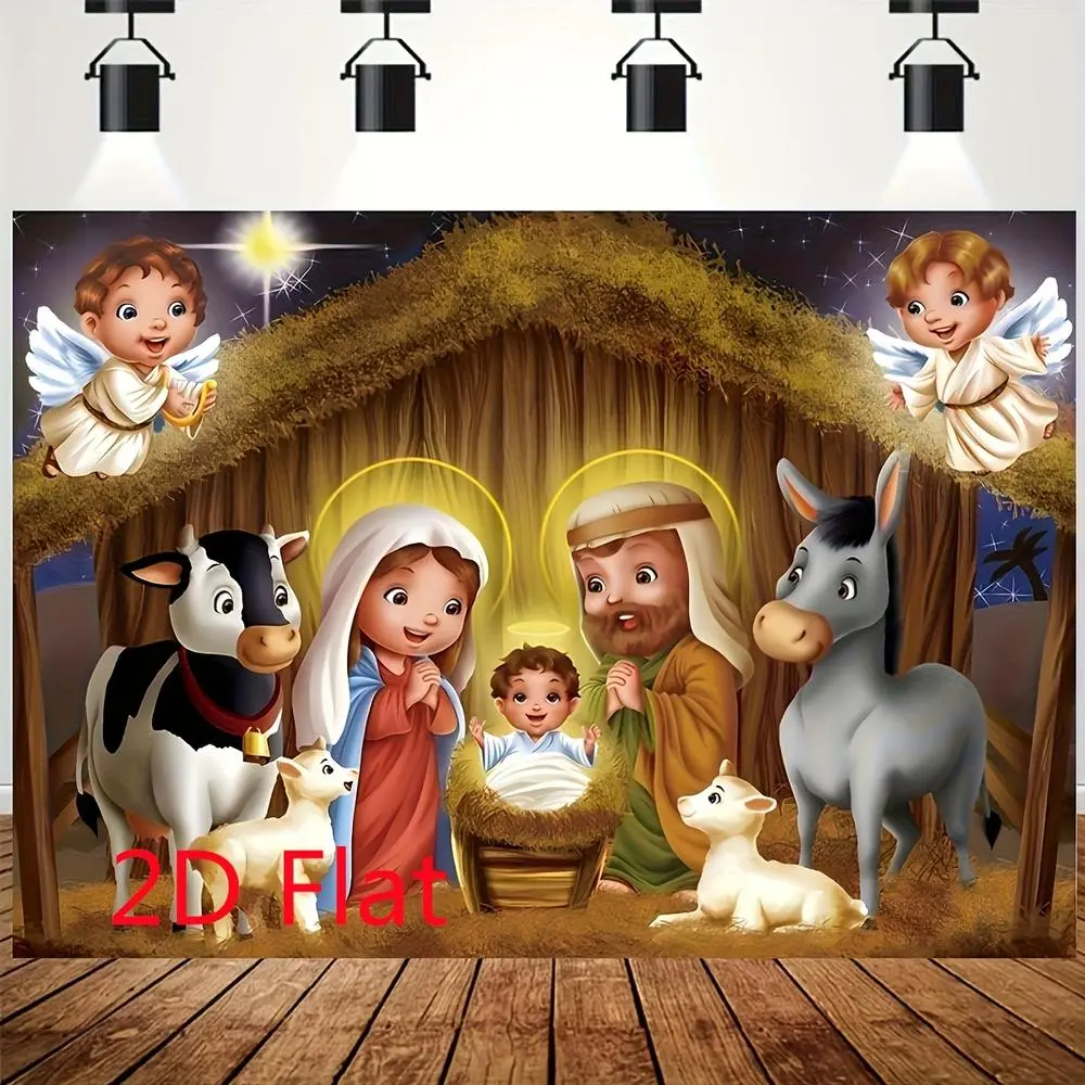 2D Flat, 2D Flat Polyester Nativity Scene Backdrop - Starlight Holy Family, Three Kings, Desert Manger, Birth of Jesus - Christmas Photo Studio Background, 2D Flat Banners White
