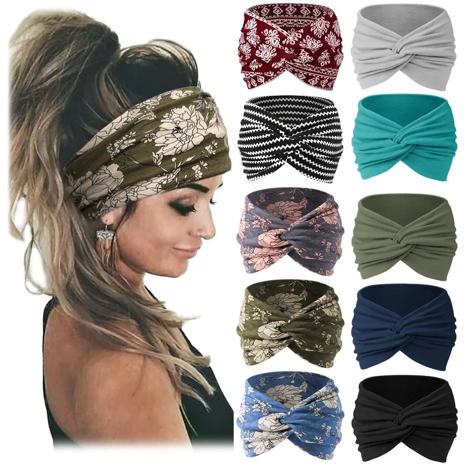 10 PCS Women Headbands African Wide Hair Wrap Extra Turban Head Bands for Lady Large Sport Workout Stretch Non-slip Big Hair Bands