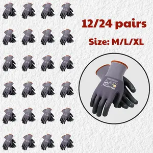 Maxi Flex Work Gloves - 12/24 Pairs Micro-Foam Nitrile Coated Breathable Heavy-Duty Safety Gloves for Construction & Industrial Work Sizes M L XL