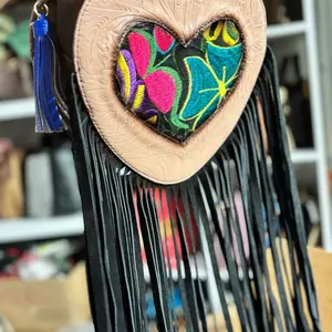 Leather Crossbody Bag with Fringe and Patchwork Design