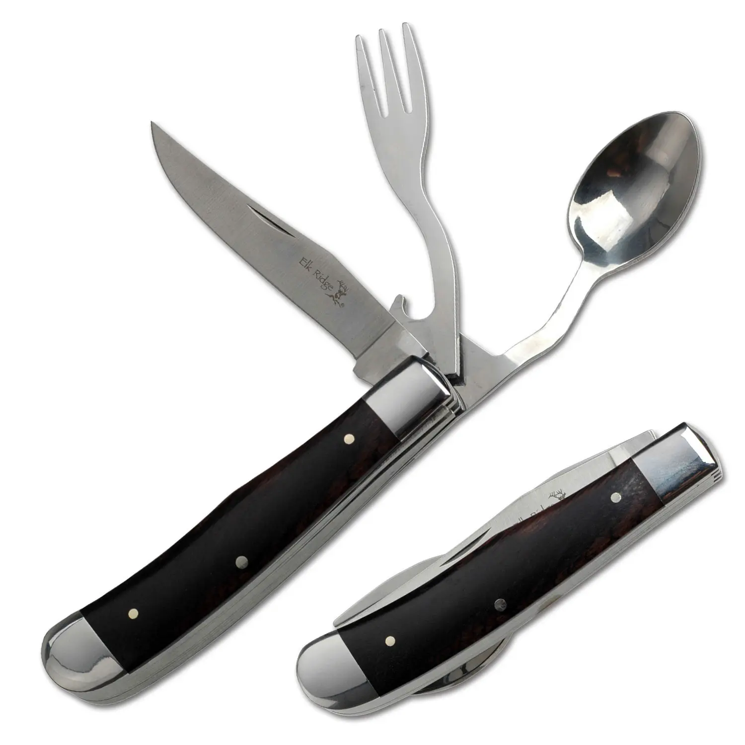 Elk Ridge 4-in-1 Multi-Function Pocket Knife, Fork, Spoon and Bottle Opener Wood Handle - Multi-Tool for Camping, Hunting, Survival