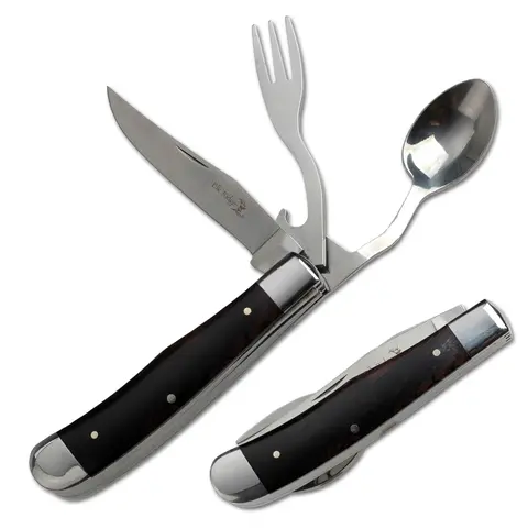 Elk Ridge 4-in-1 Retractable Stainless Steel Multitool Pocket Knife - 3.25 In Steel Blade, 4-Inches Closed, Wood Handle, Fork, Spoon, Bottle Opener, Peeler, Carver - Unisex Outdoor Tools and Gadgets, Survival Equipment for Camping