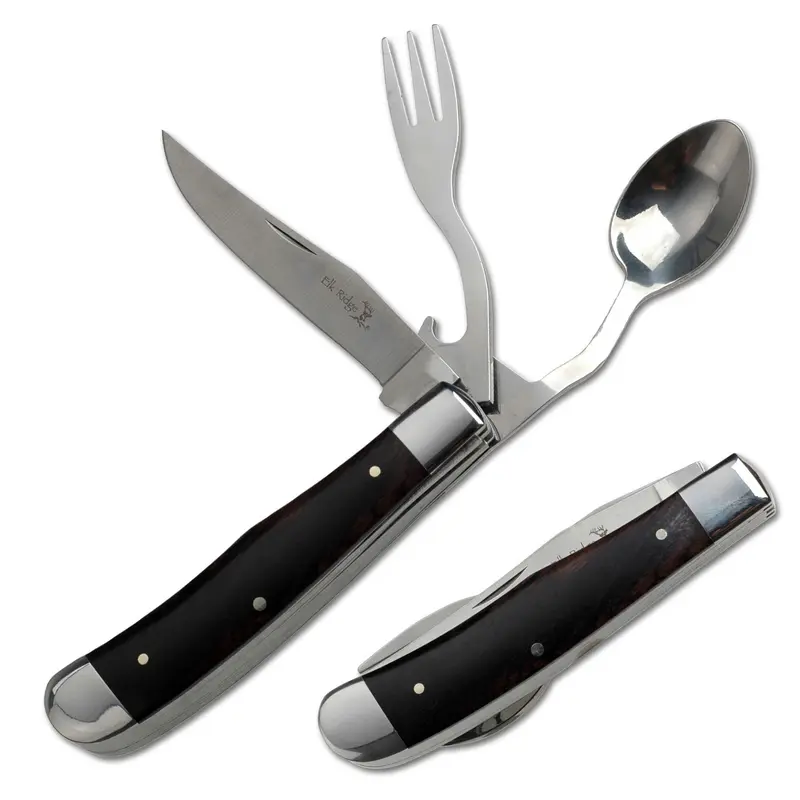 Elk Ridge 4-in-1 Retractable Stainless Steel Multitool Pocket Knife - 3.25 In Steel Blade, 4-Inches Closed, Wood Handle, Fork, Spoon, Bottle Opener, Peeler, Carver - Unisex Outdoor Tools and Gadgets, Survival Equipment for Camping