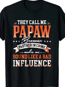 1pc Men'S Casual Cotton T-Shirt with They Call Me Papaw Graphic, Regular Fit, Round Neck, Geometric Pattern, Stretch Fabric, 180gsm, for Training, Hiking & Outdoor Activities - Summer Top 100% cotton