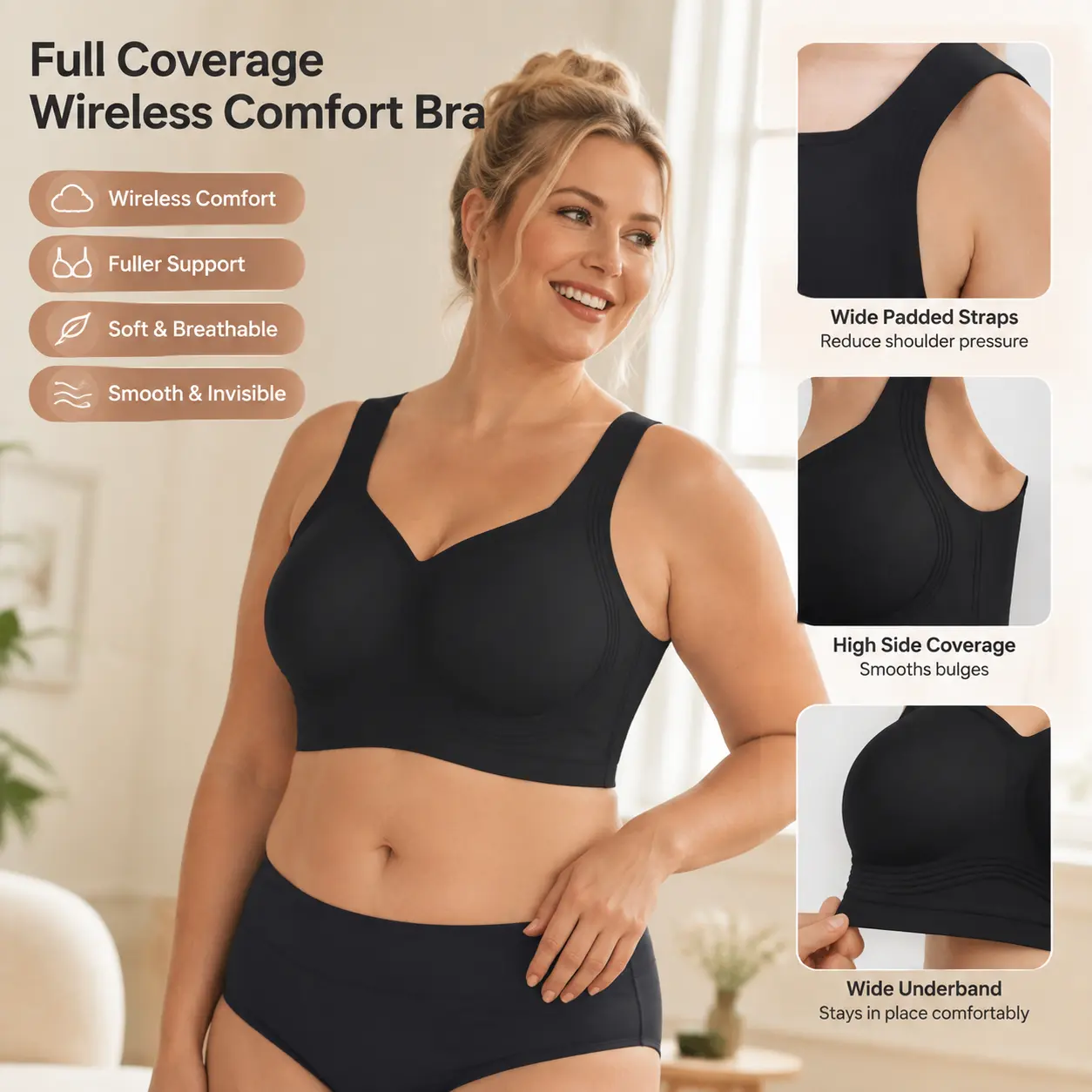 Women's 2-Pack Adaptive Bras - Tight Strap Relief, No Digging Seamless, Plus Size Wireless Full Figure, Soft Smooth Breathable, Fits High DDD Big Bust, Free Extension Strap Adhesive Daily Bra